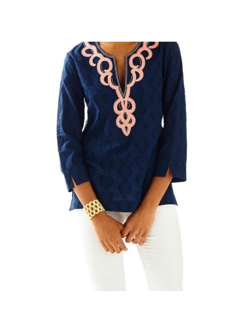 Lilly Pulitzer Amelia Island V Neck Tunic Top Navy Blue Beaded Coral Pink Med - Picture 7 of 10